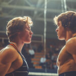 Dois homens com físico desenvolvido se observando na academia