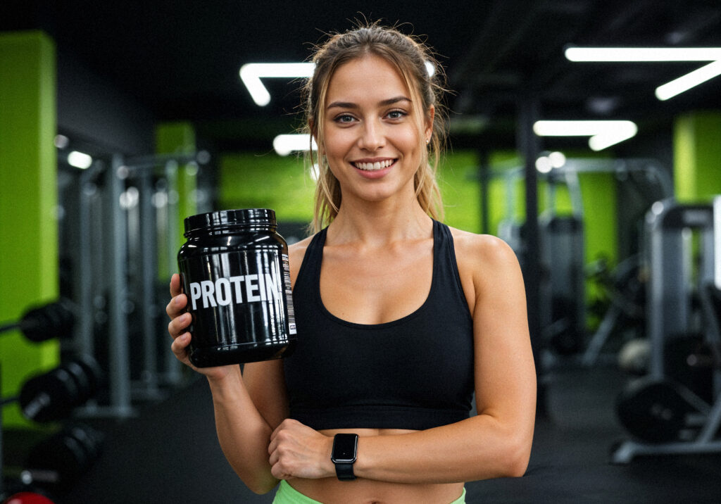 Mulher segurando pote de whey protein como complemento alimentar