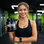 Mulher segurando pote de whey protein como complemento alimentar